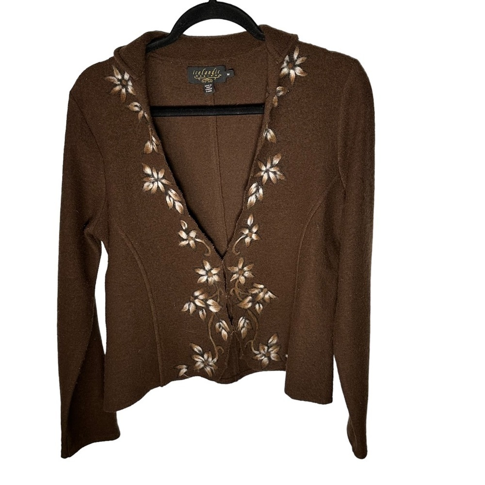 Icelandic Designs Boiled Wool Brown Floral Cardig… - image 1